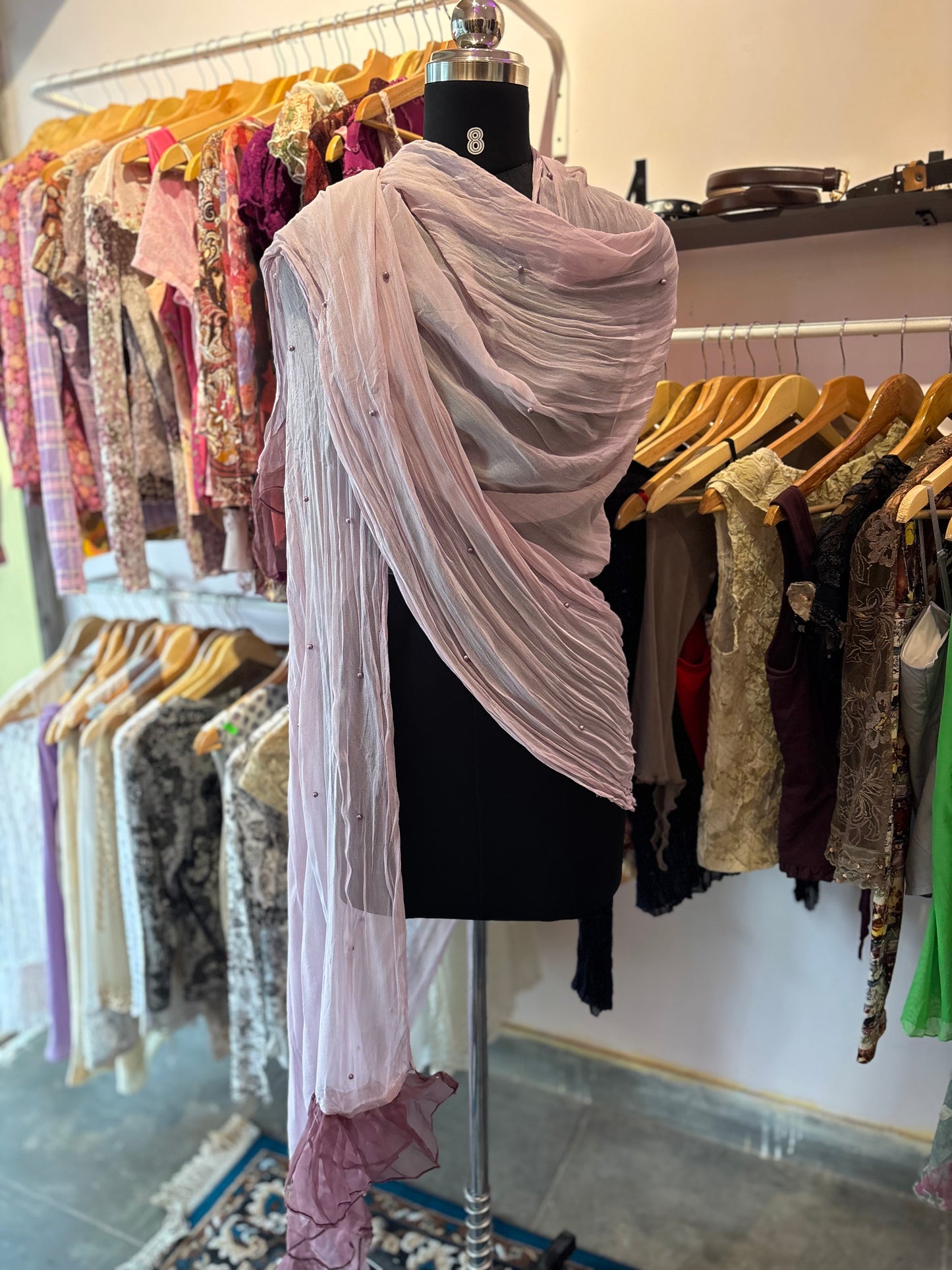 Purple scarf with pearl details and organza frill at the end