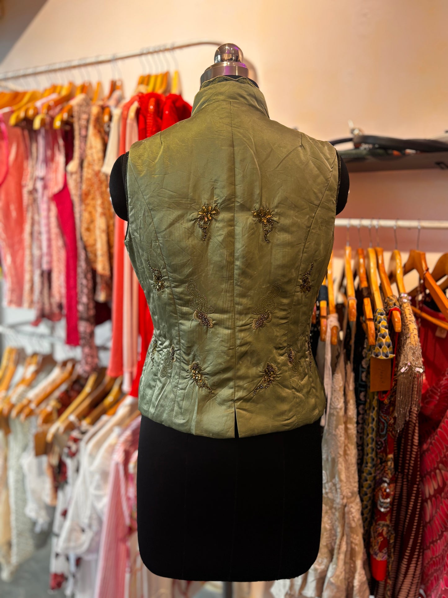 Super vintage olive vest with organza frills
