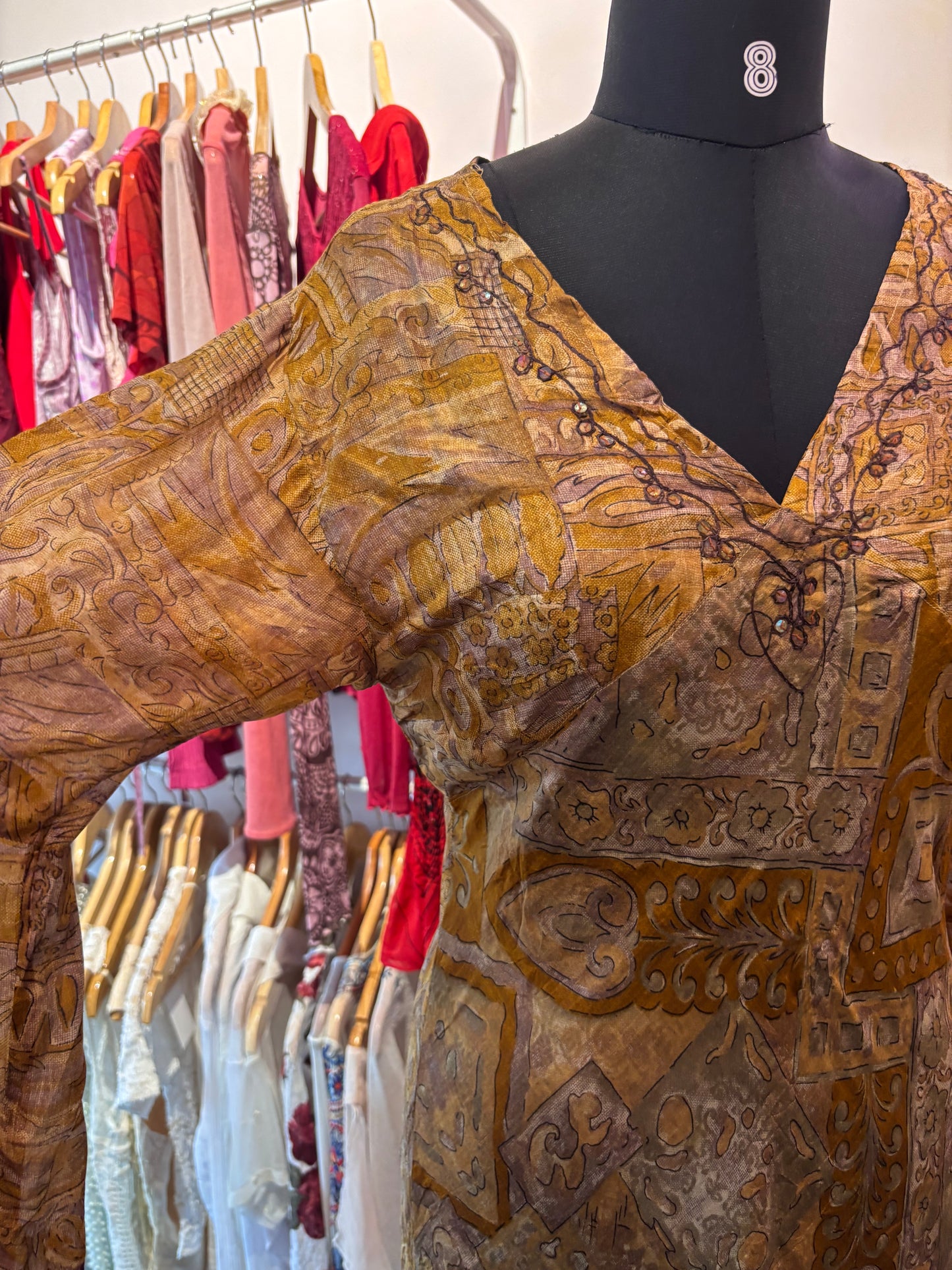 Golden hour silk dress with flared sleeves