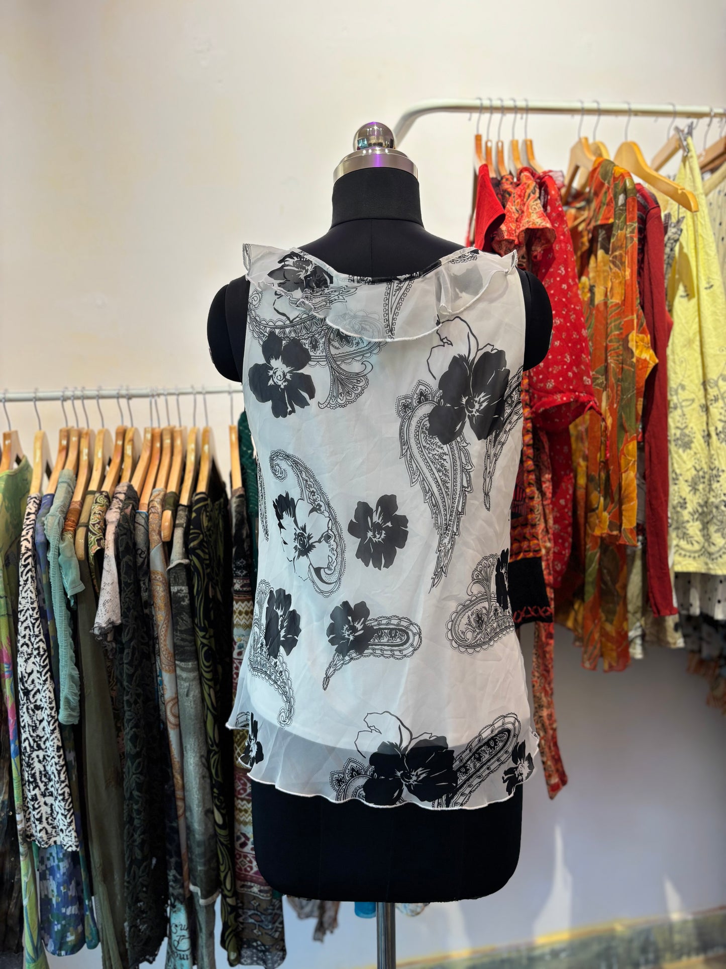 Ruffle neck paisley top