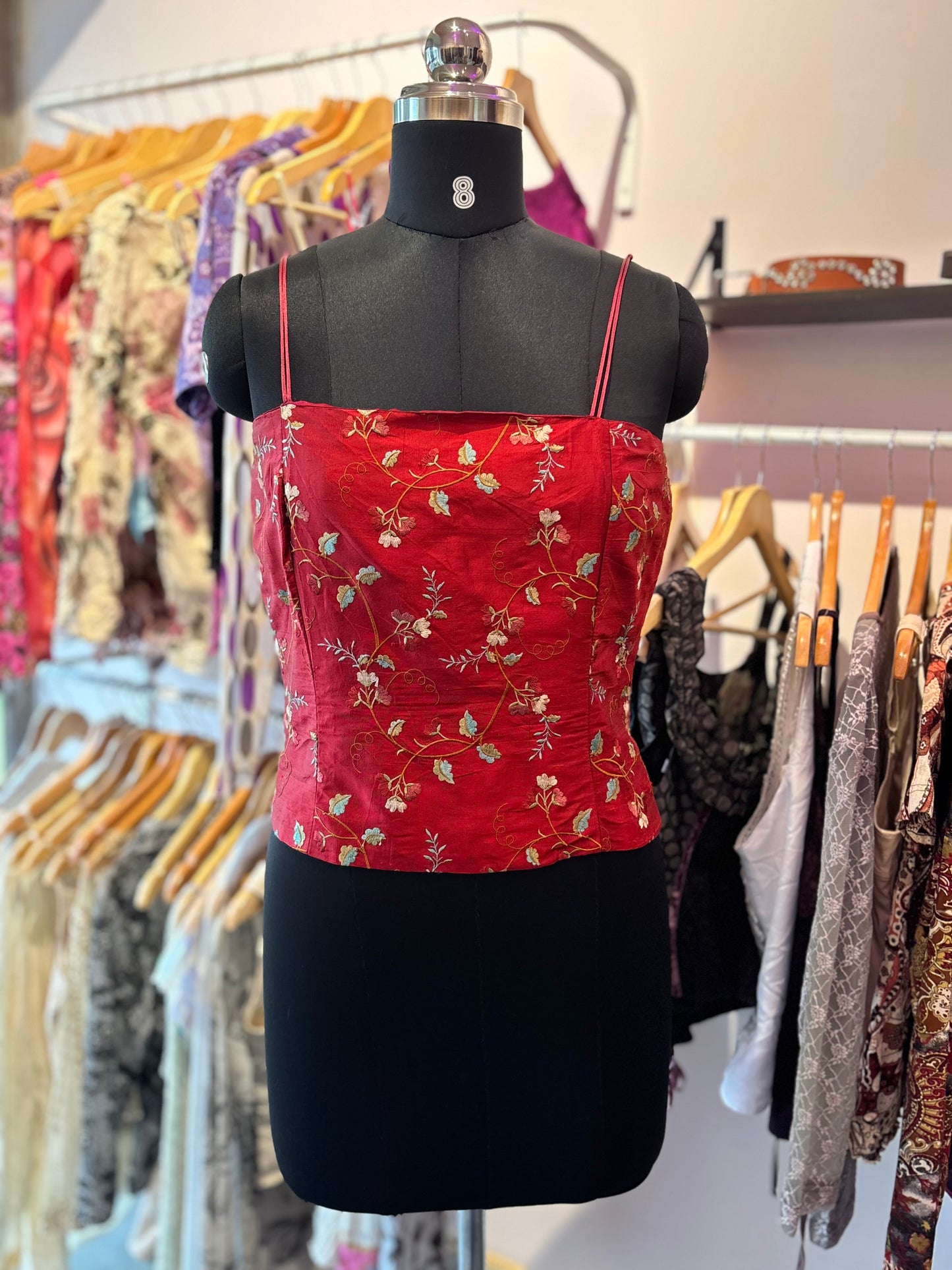 Red embroidered corset like top