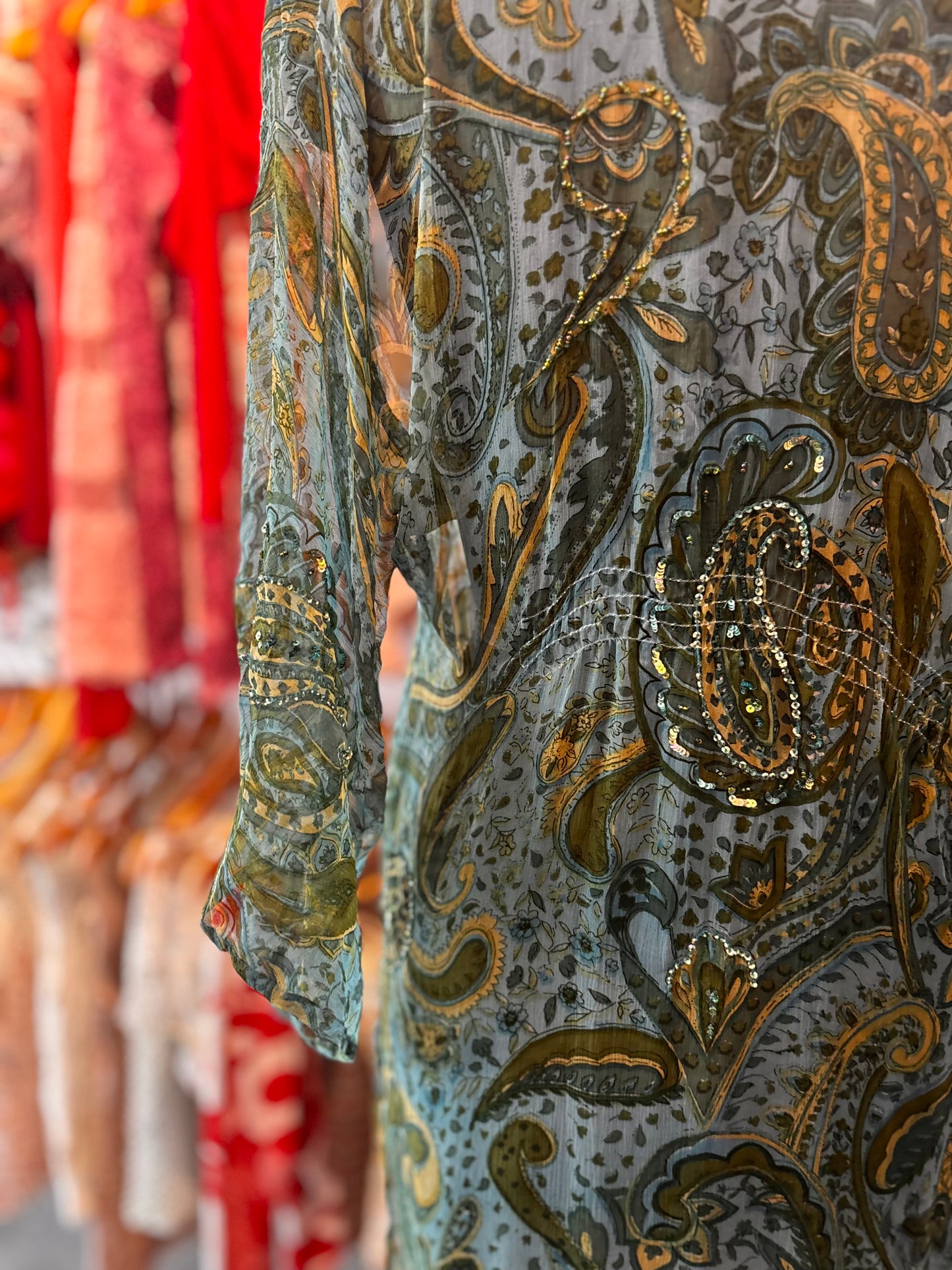 Paisley silk dress with sequins and bead work