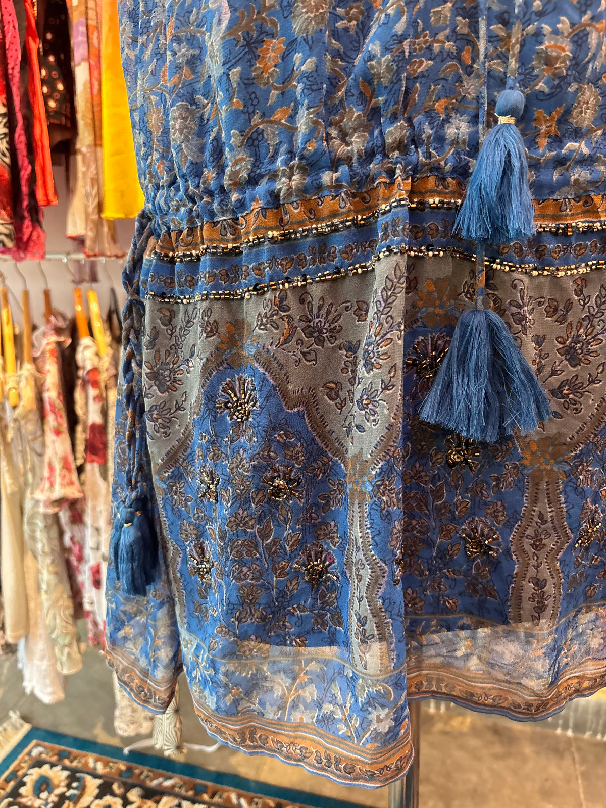 Blue Bohemian Floral Tassel Tunic