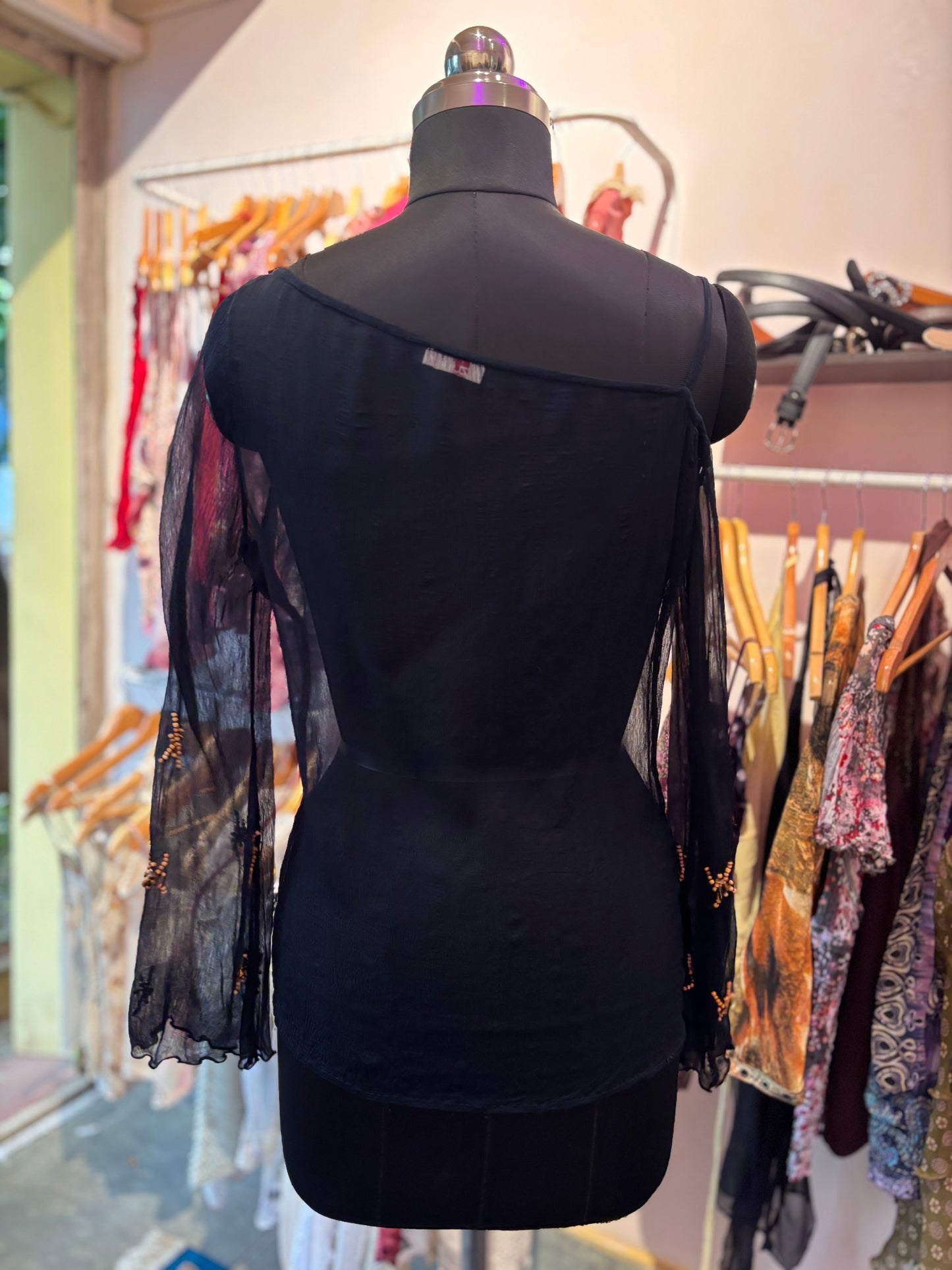 Flared sleeves wooden beaded top