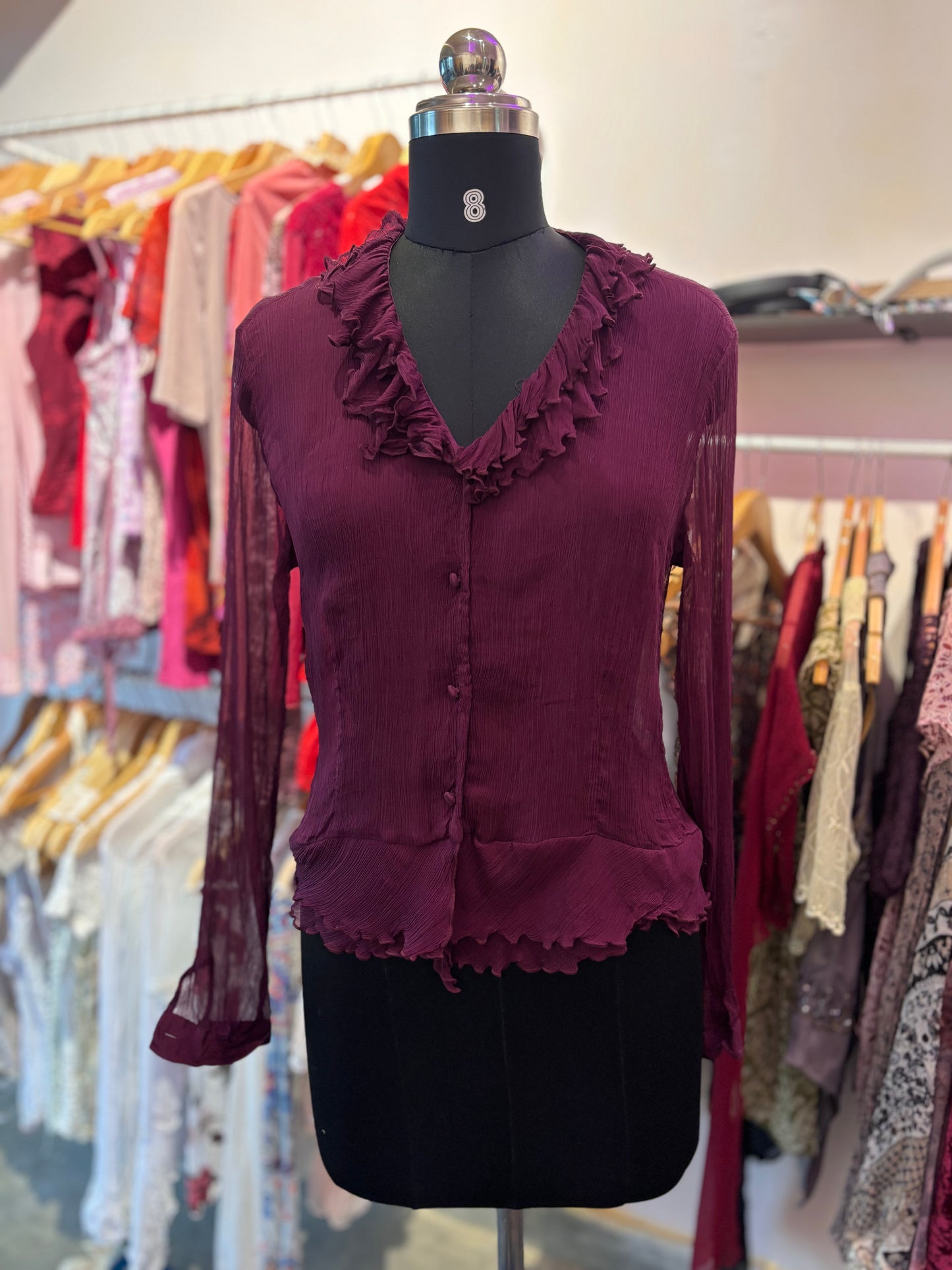 Wine ruffle 100 percent silk top