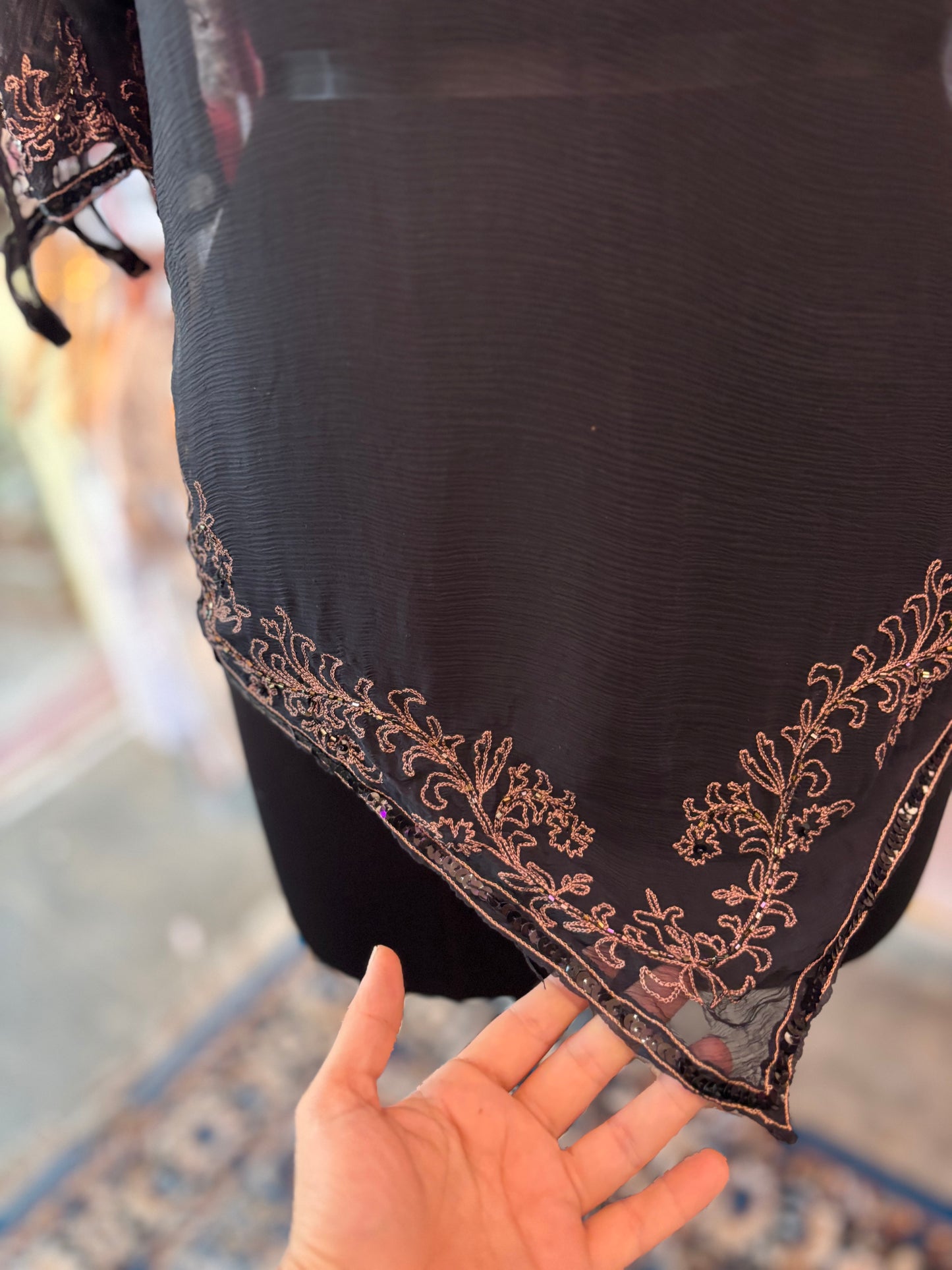 100 percent silk assymetrical top with bead and thread work
