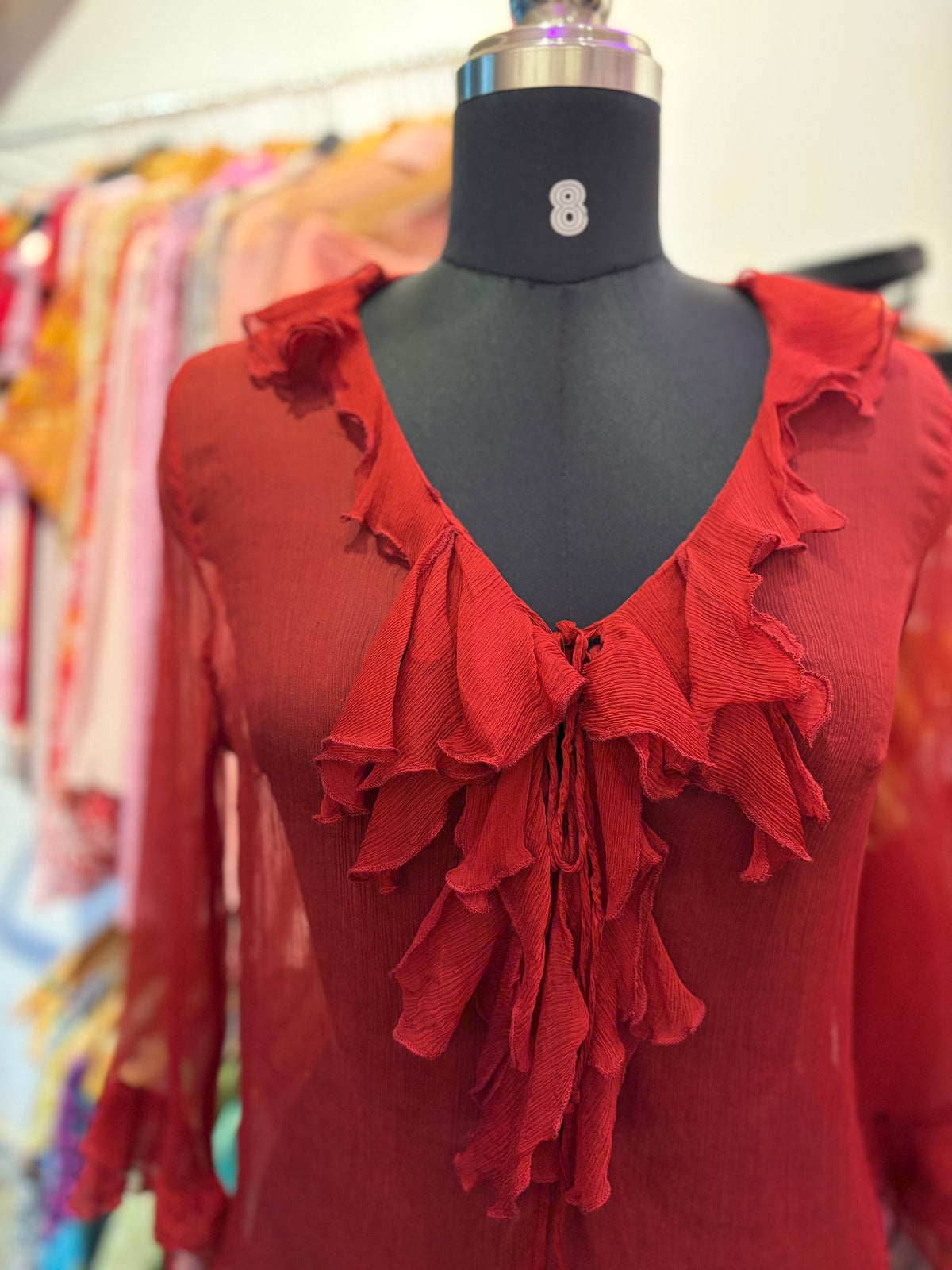Red ruffle silk top