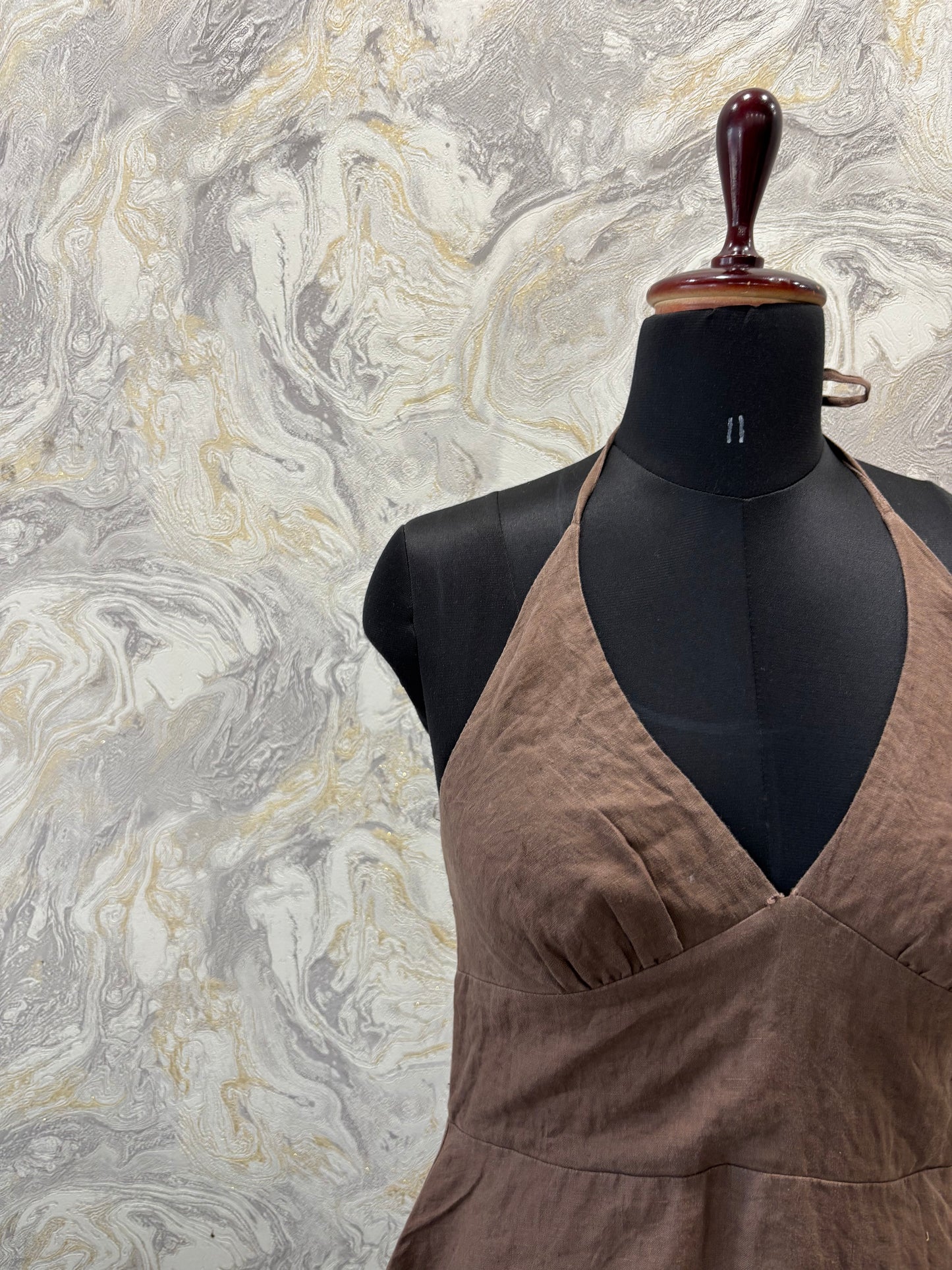 Brown halter neck linen dress