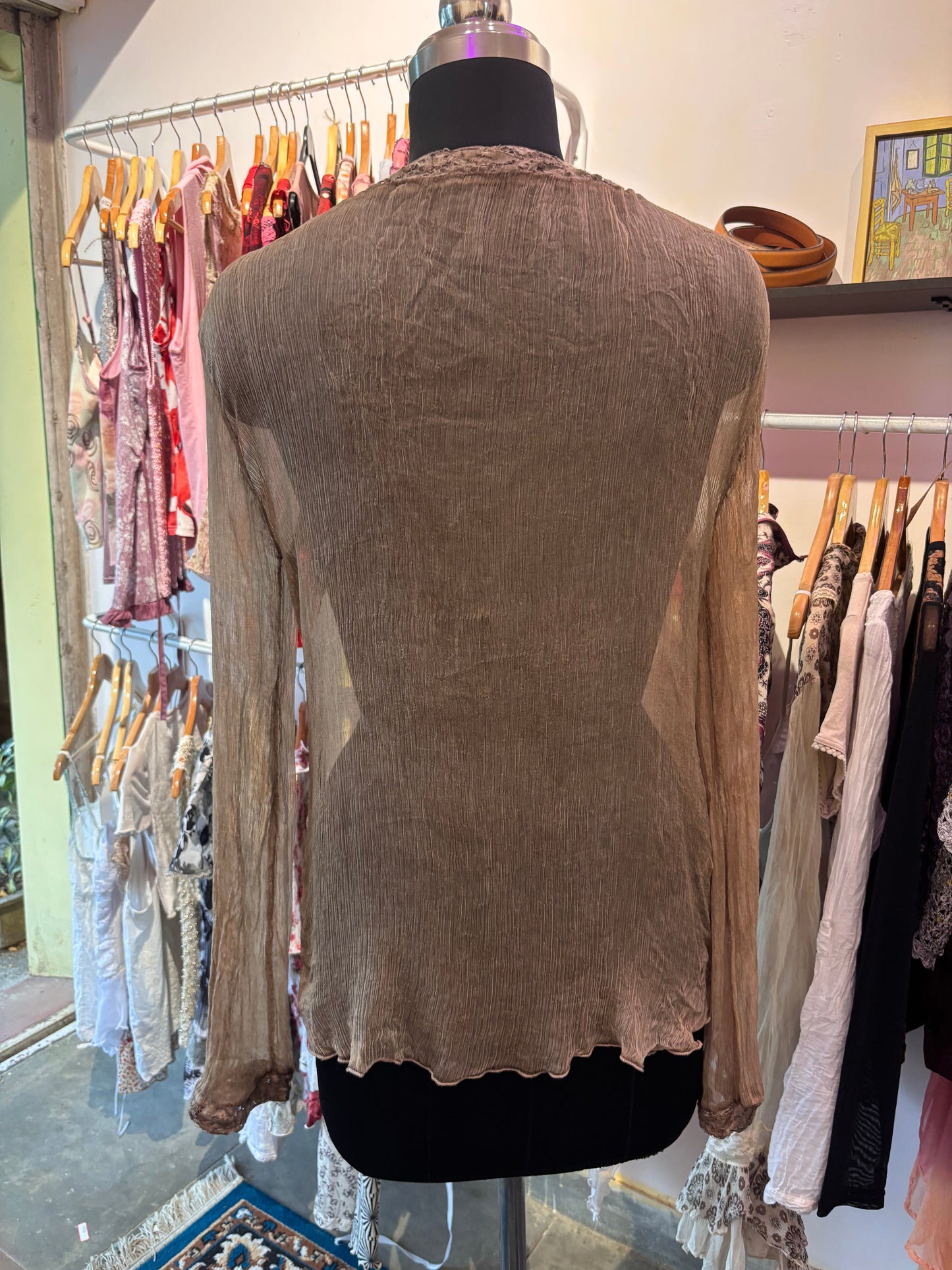 Super Vintage Silk Embroidered Tunic with Ornate Applique & Ruffle Trim