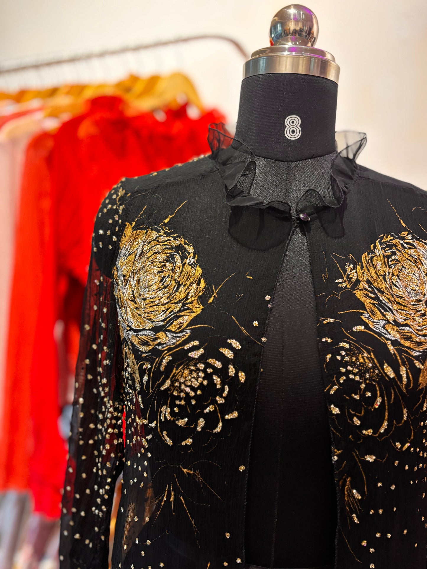 Golden rose silk overwear with Victorian collar.