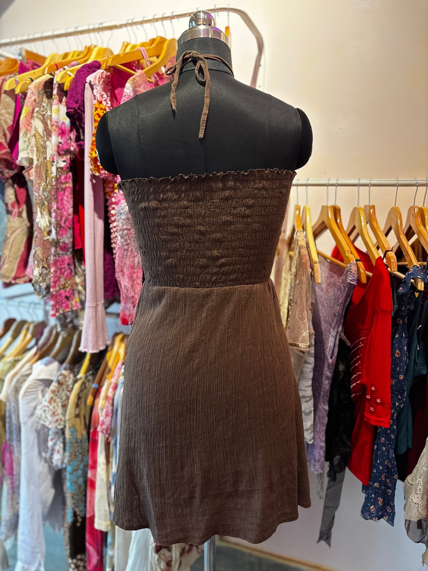 Coffee halter neck dress with sequins details