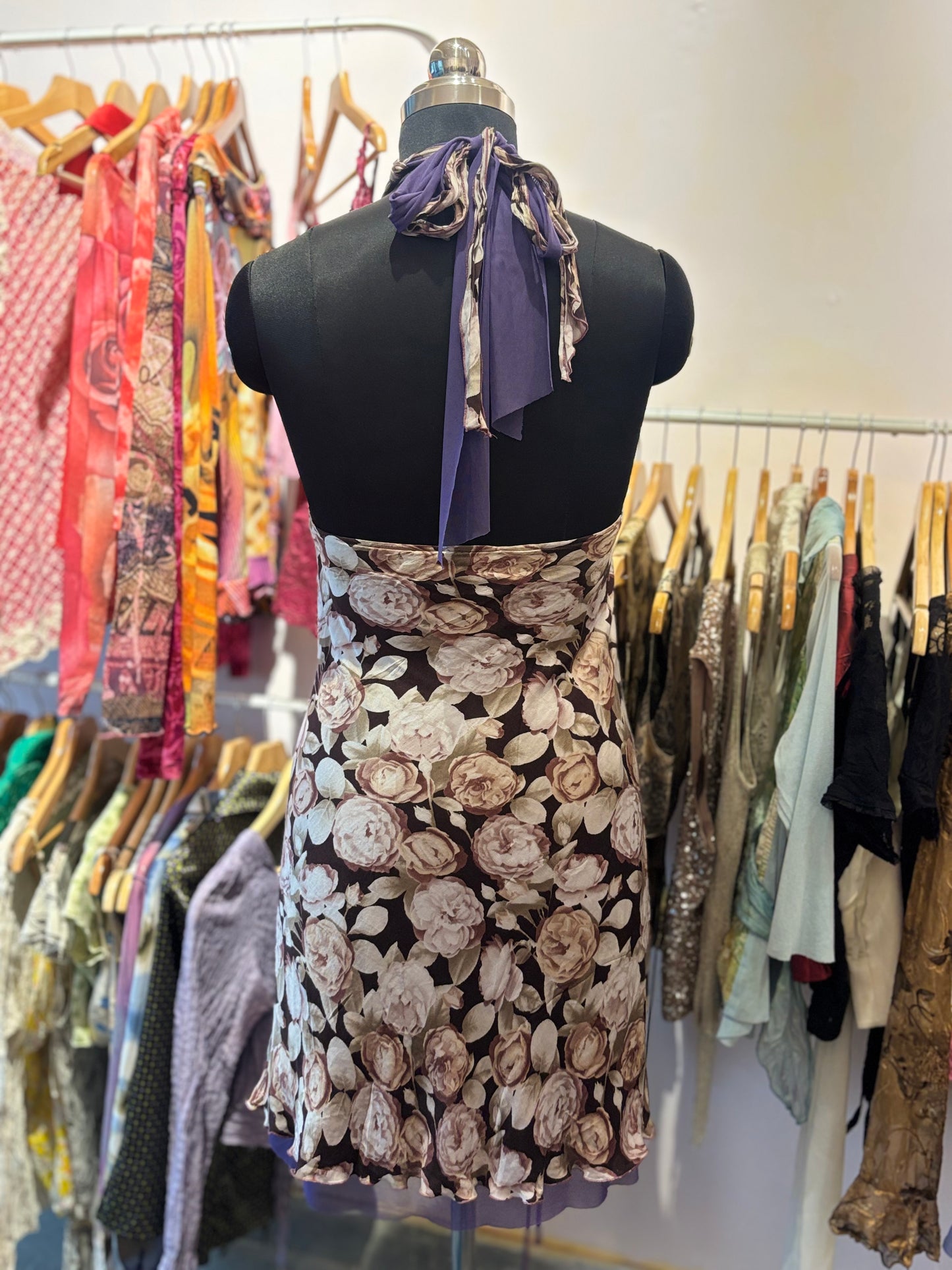 Roses silk halter neck dress