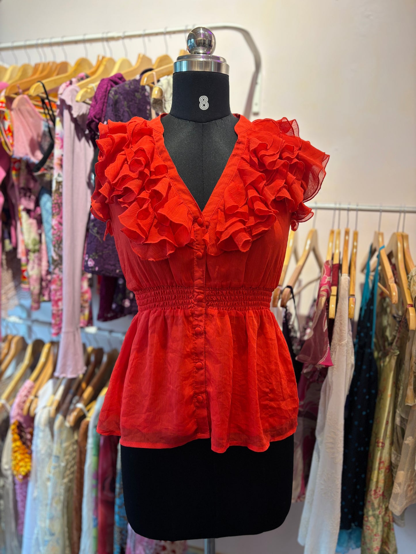 Super vintage red ruffle neck top