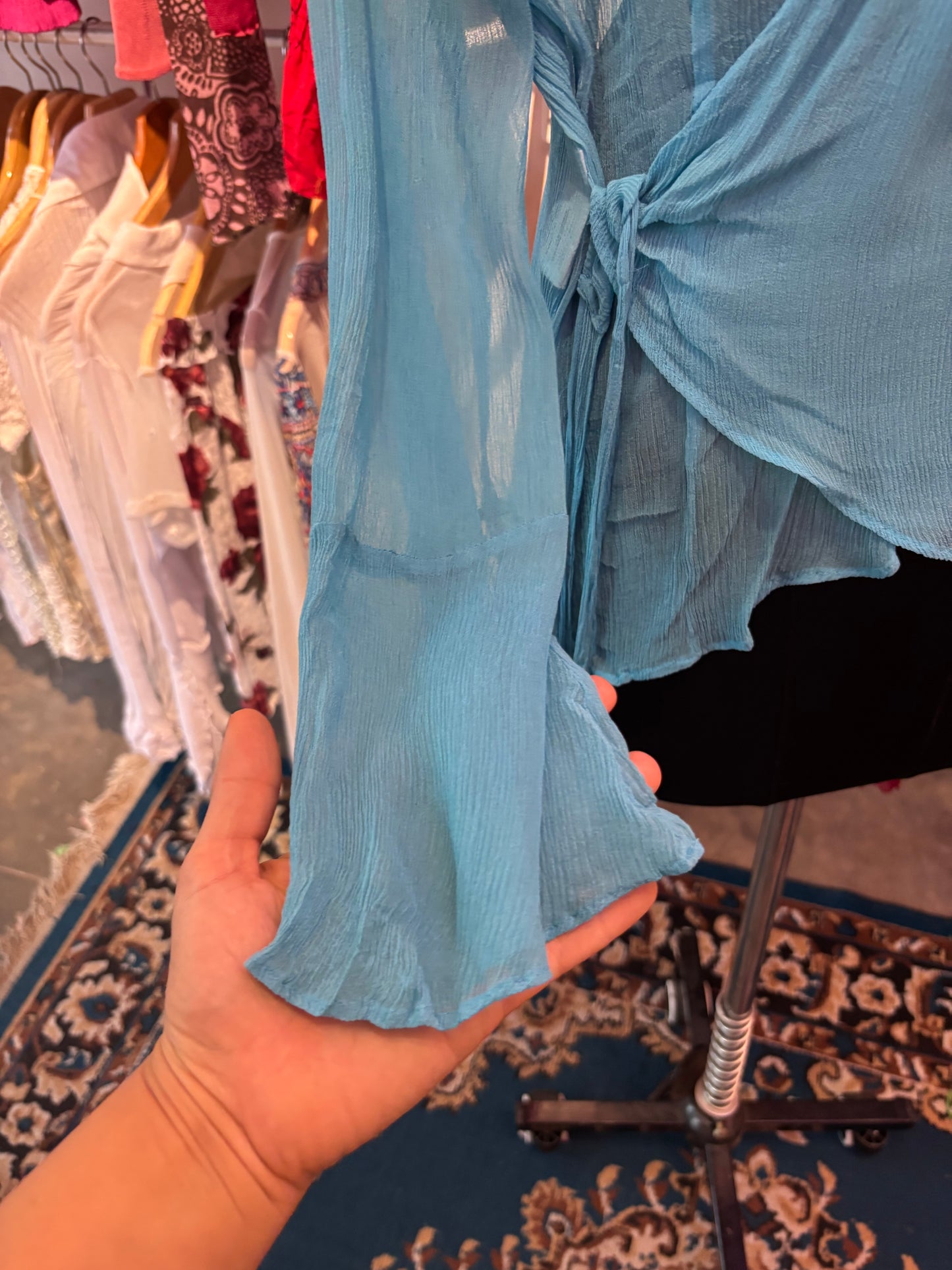 Blue embroidered wrap silk top