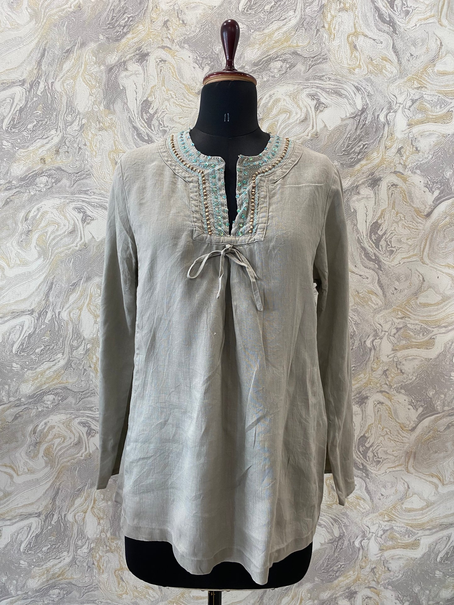 Grey linen with bead work neckline