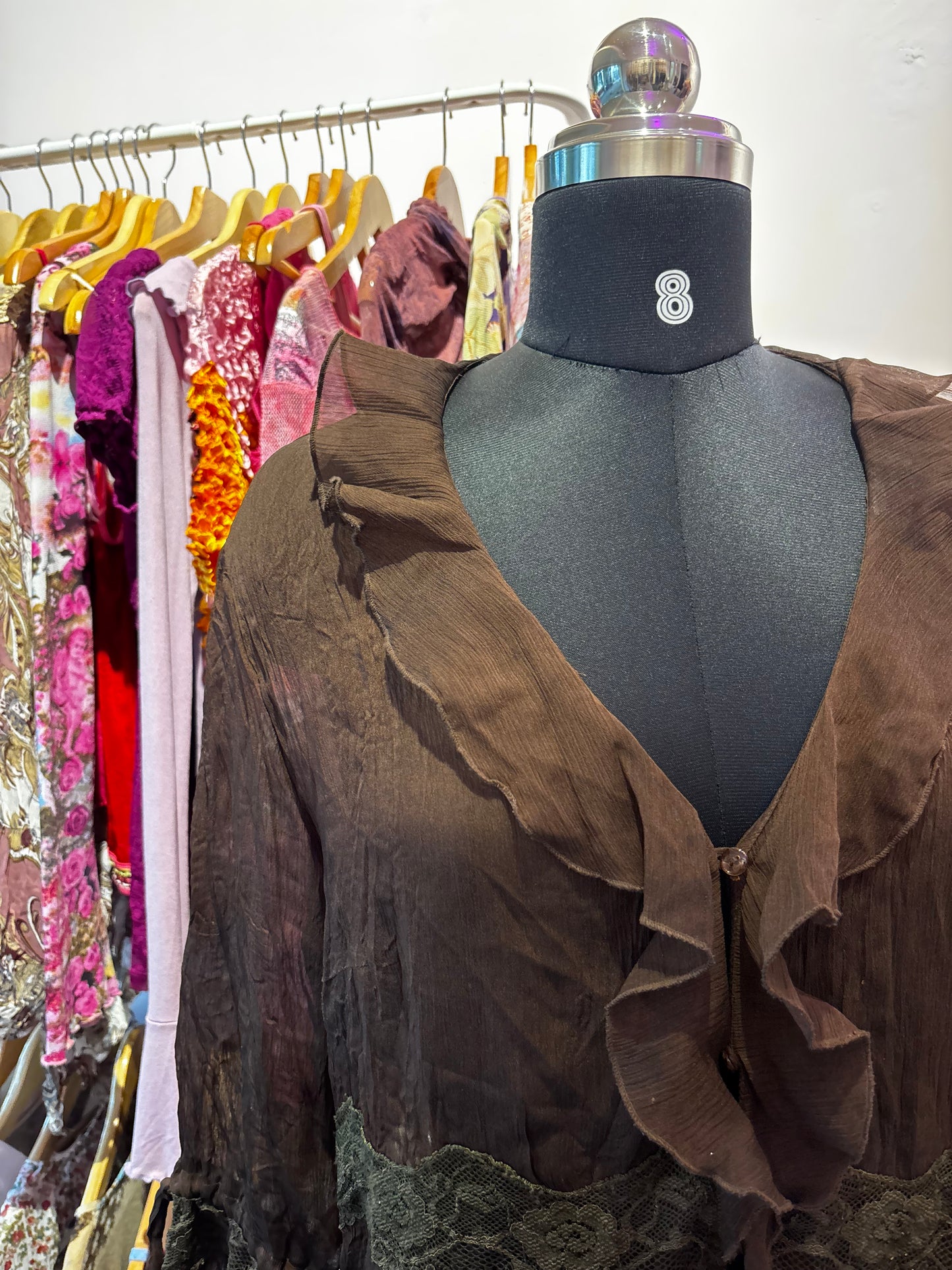 Coffee ruffle lacy shirt