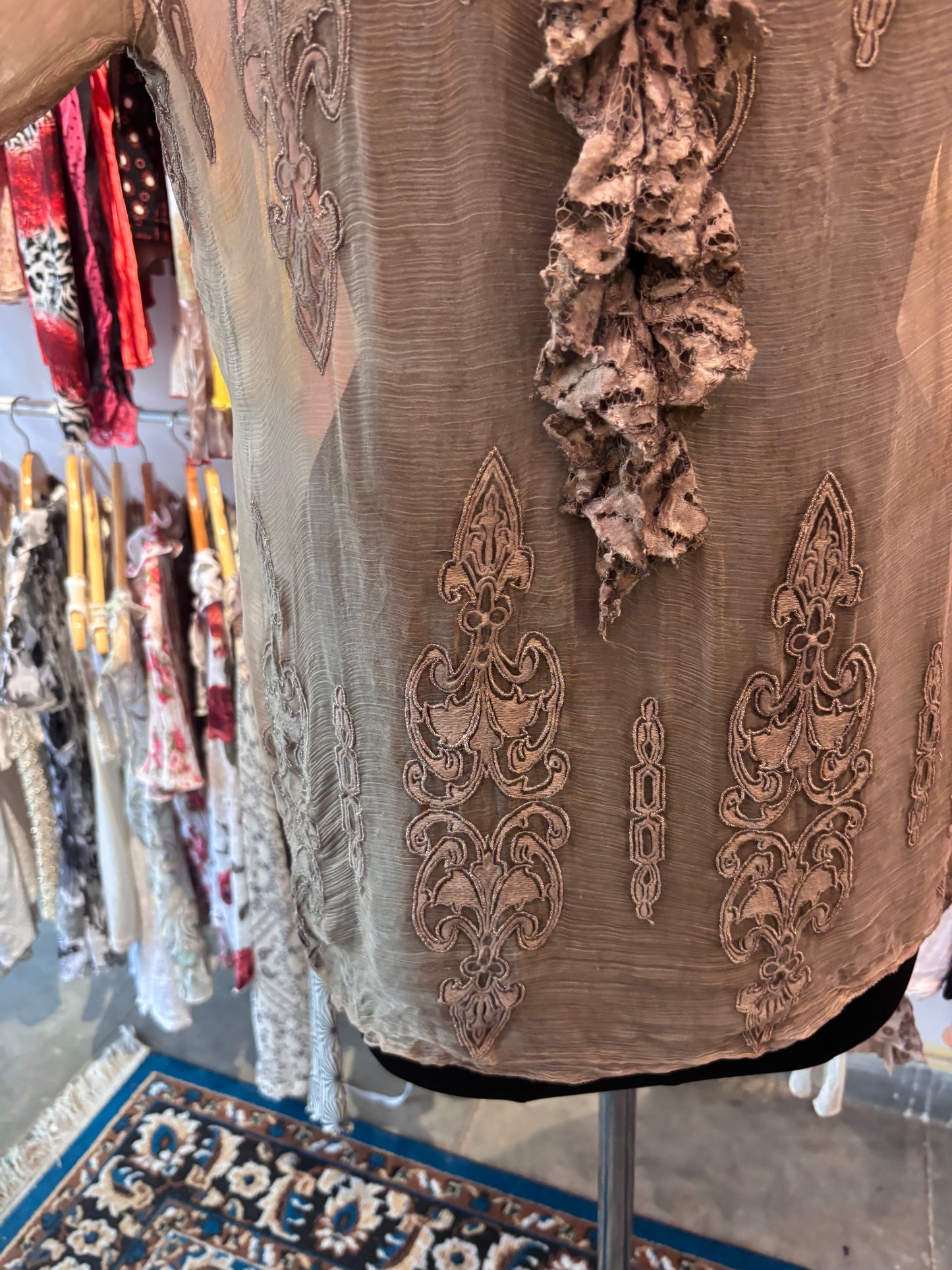 Super Vintage Silk Embroidered Tunic with Ornate Applique & Ruffle Trim