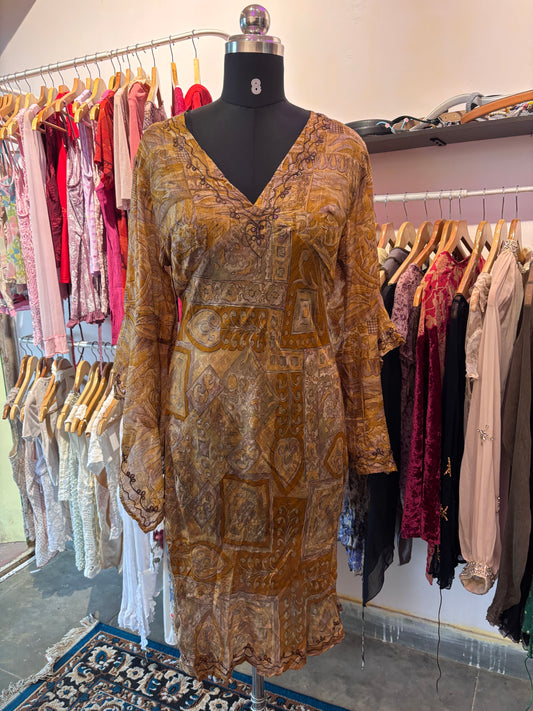 Golden hour silk dress with flared sleeves
