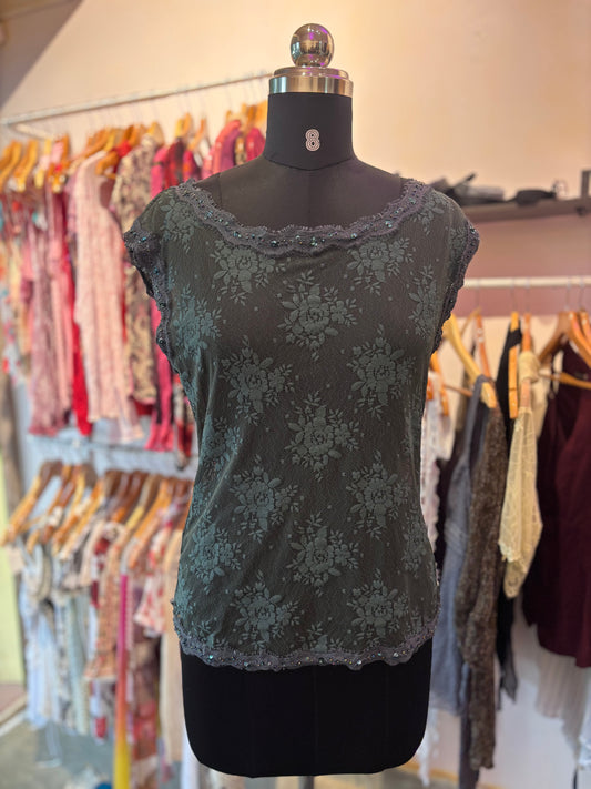 Deep green lace top with sequins details