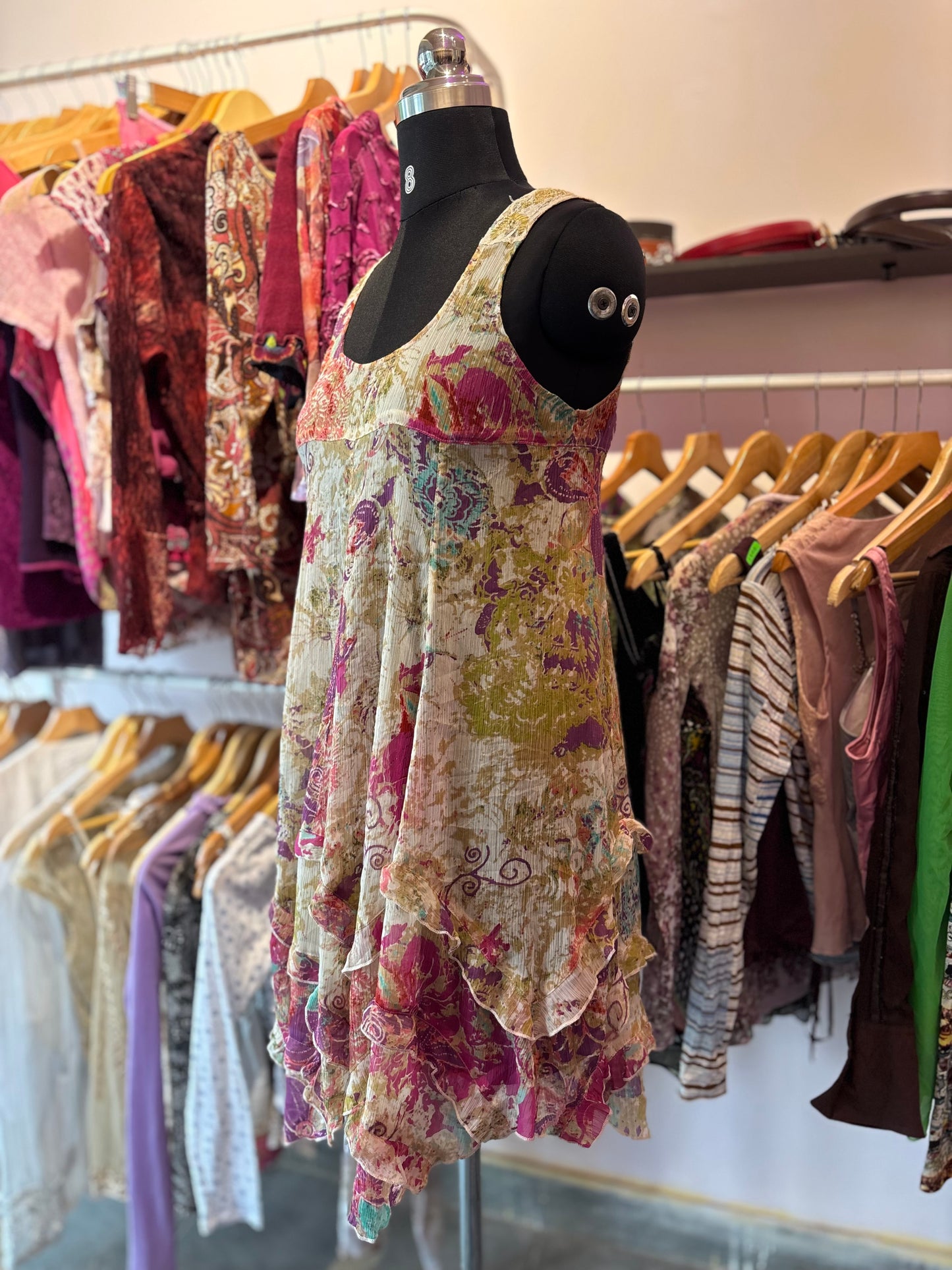 Vintage ruffle dress with bead work on shoulders
