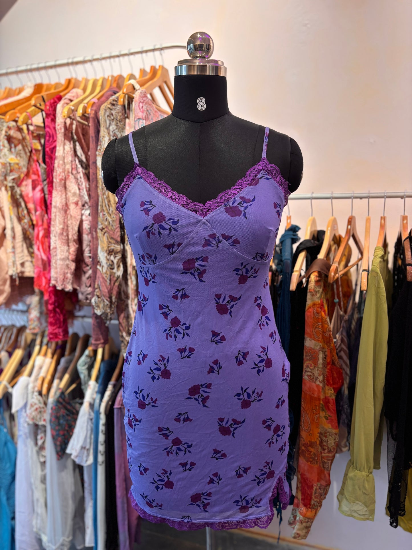 Purple floral dress with lacy neckline