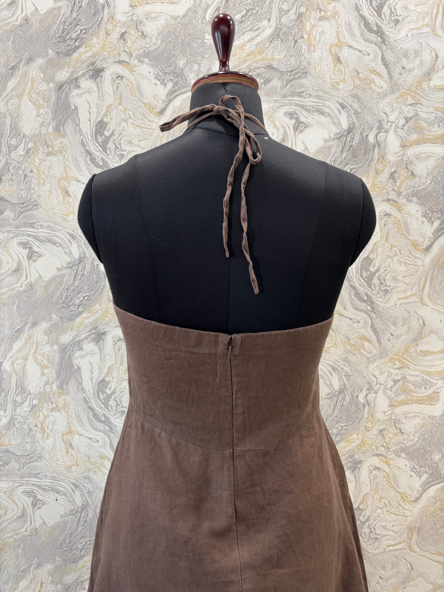 Brown halter neck linen dress