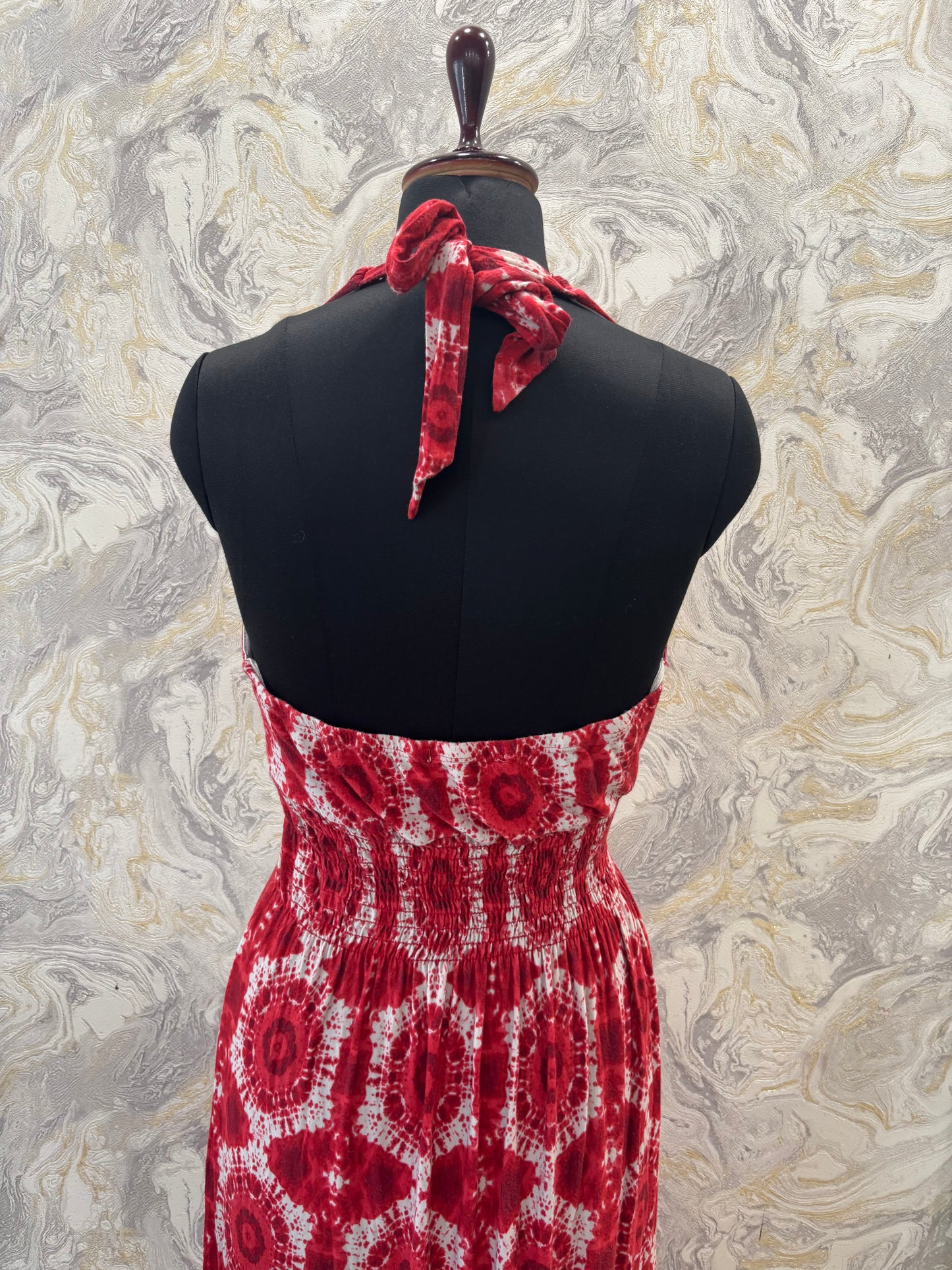 Red shibori halter neck dress