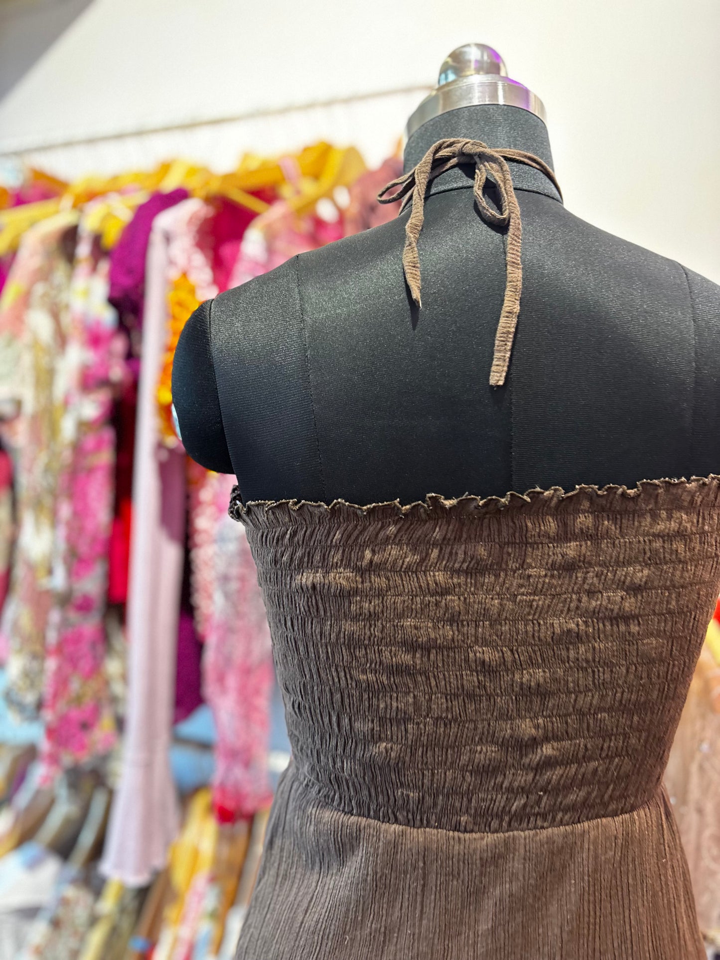 Coffee halter neck dress with sequins details