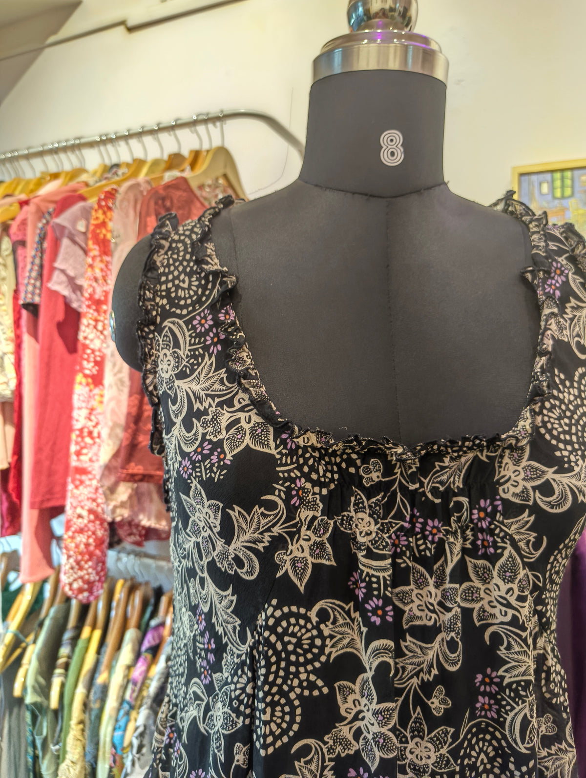 Floral silk top with side strings and velvet beaded ends