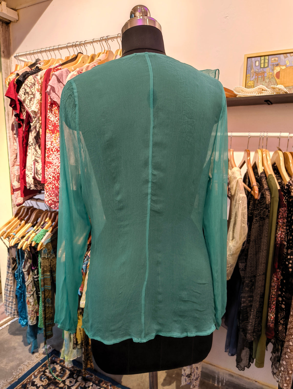 Green 100 percent silk ruffle top