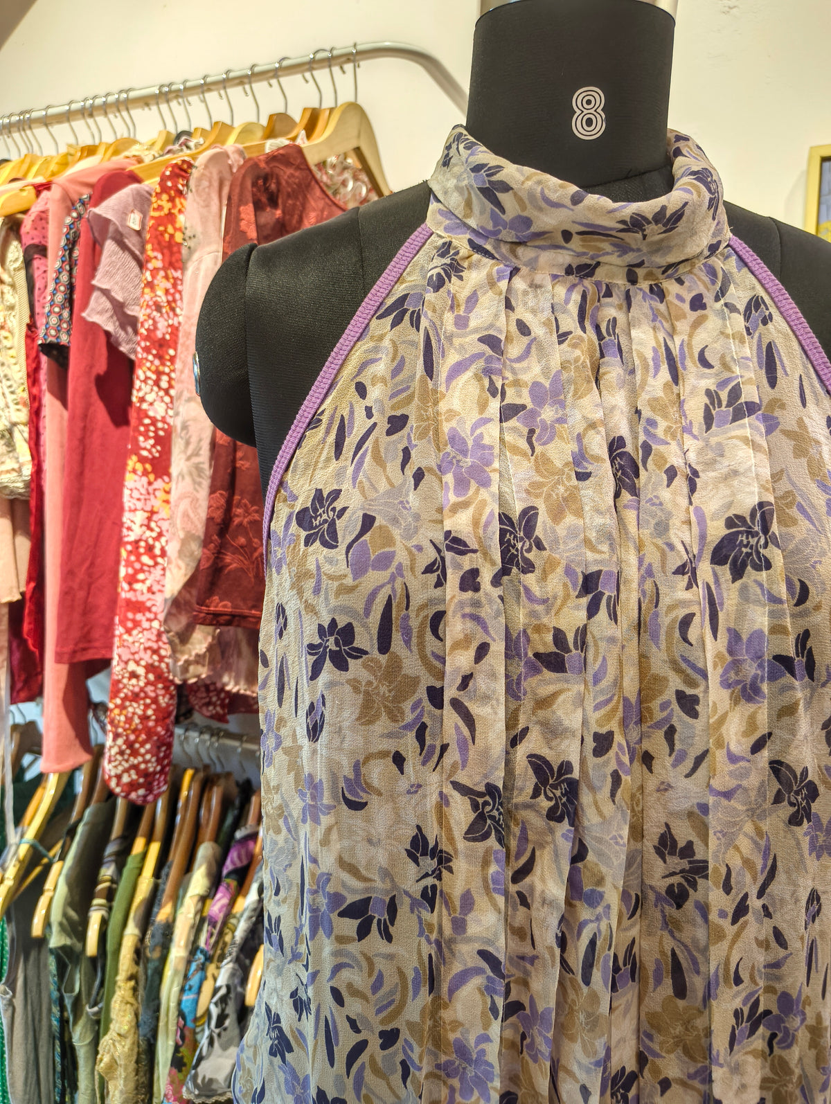 Lilac floral pleated silk halter top