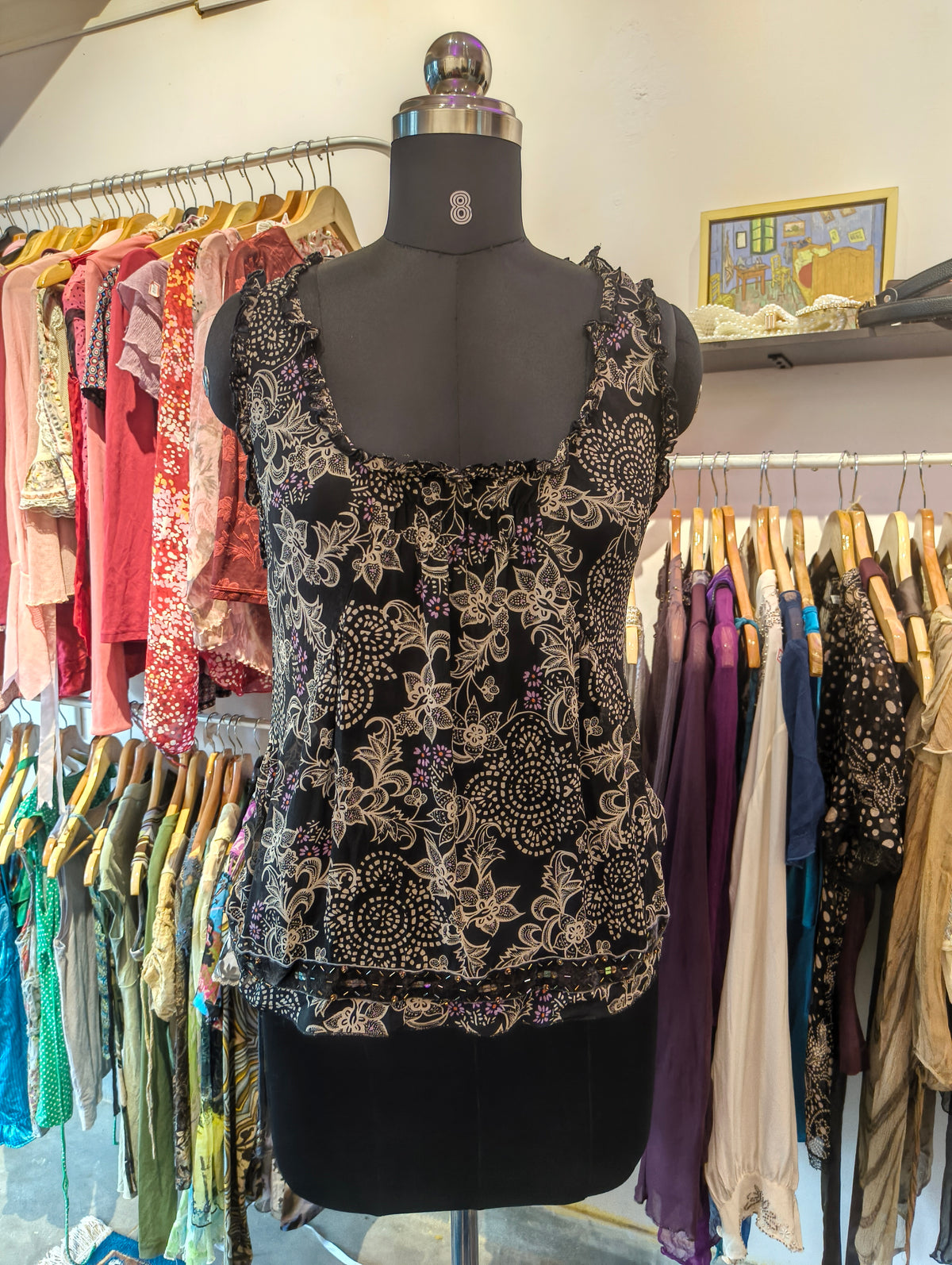 Floral silk top with side strings and velvet beaded ends