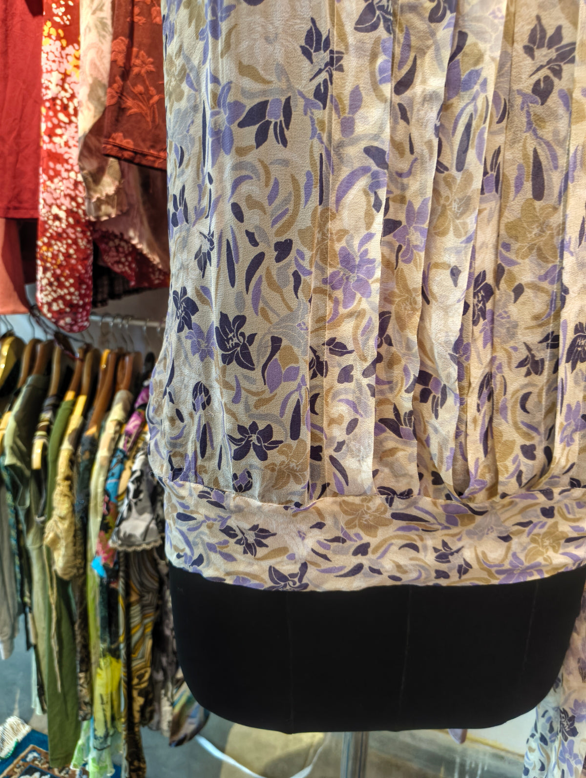 Lilac floral pleated silk halter top