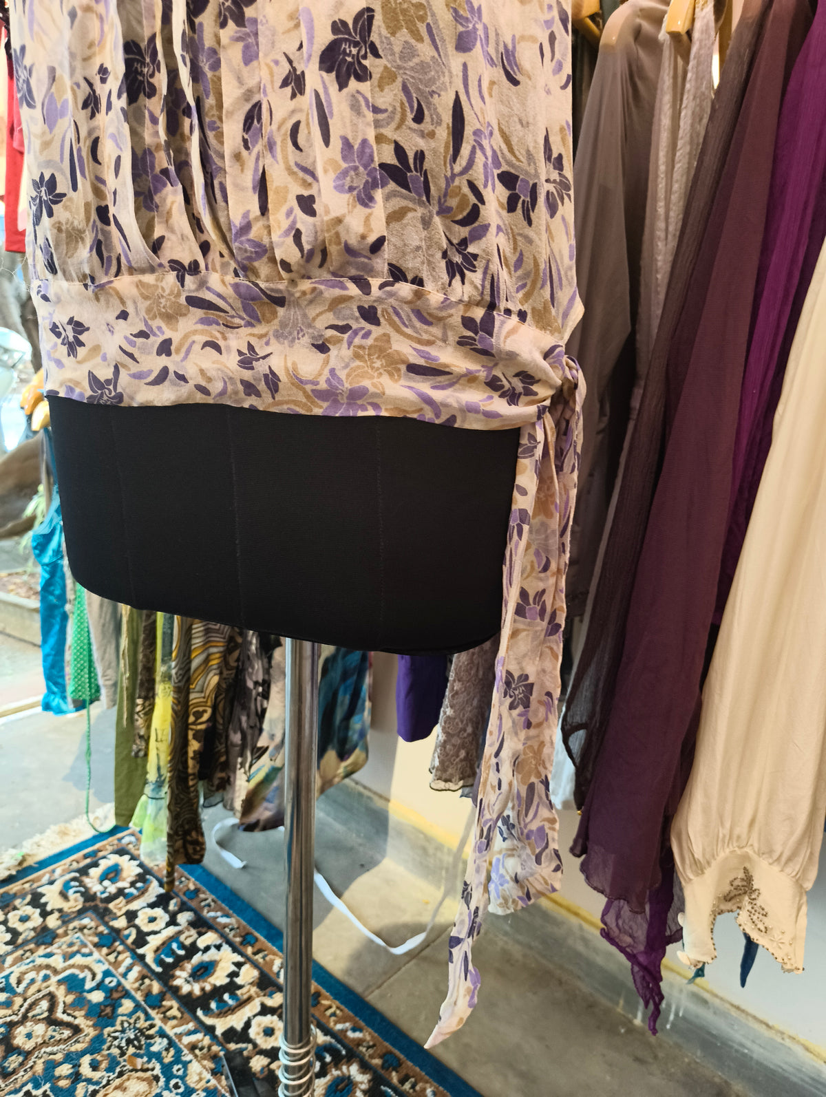 Lilac floral pleated silk halter top