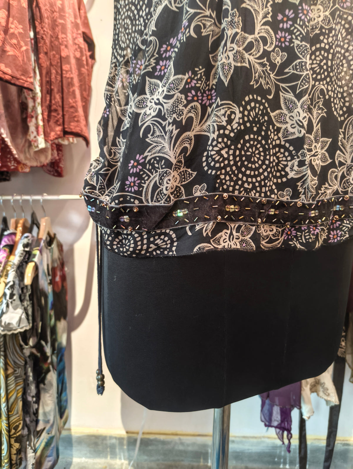 Floral silk top with side strings and velvet beaded ends