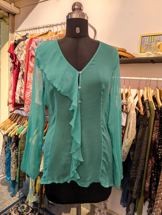 Green 100 percent silk ruffle top