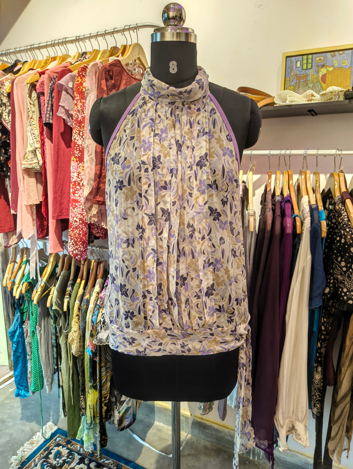 Lilac floral pleated silk halter top