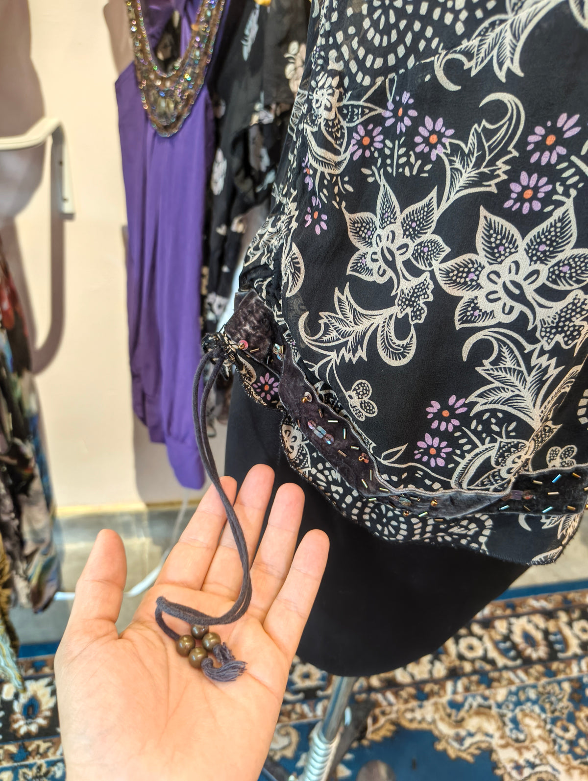 Floral silk top with side strings and velvet beaded ends